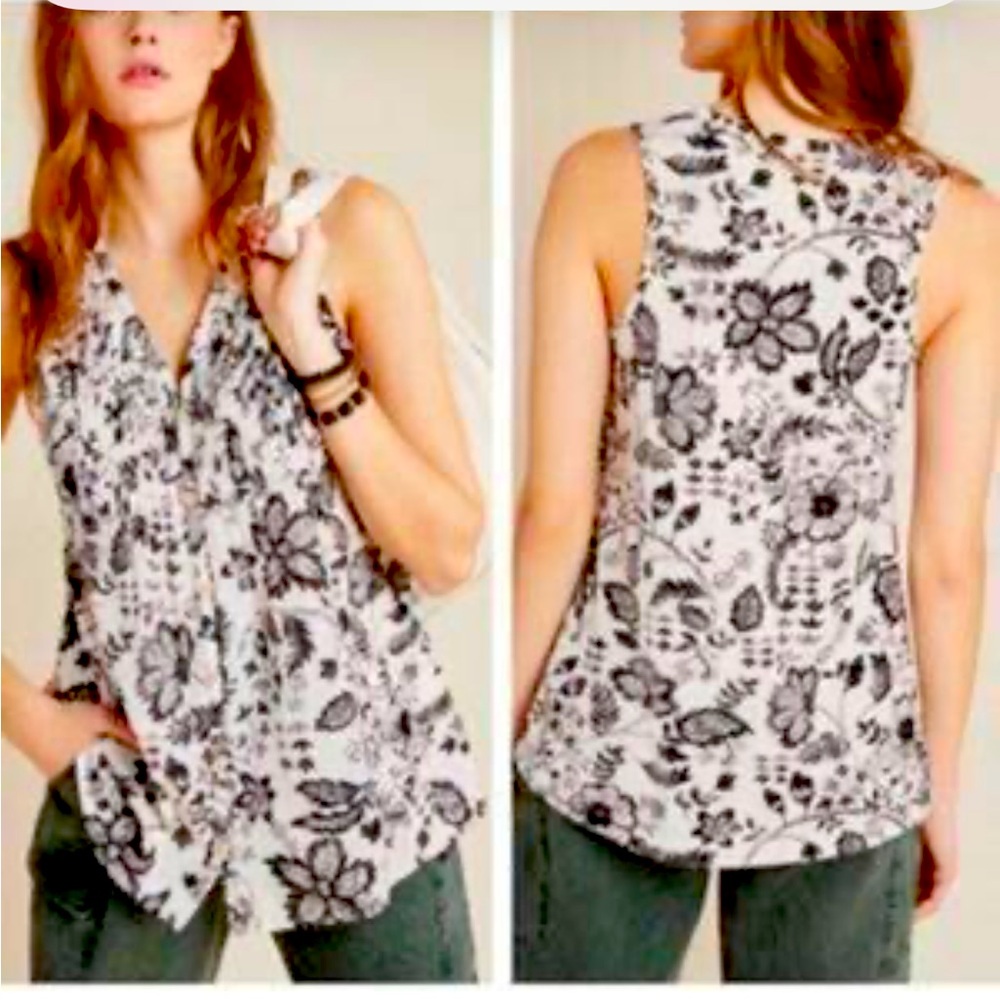 Anthropologie Black and White Floral Sleeveless Blouse